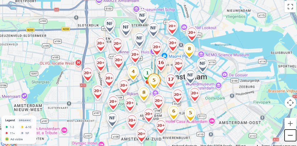 Rank map screenshot showing local visibility pins across a Google Maps grid